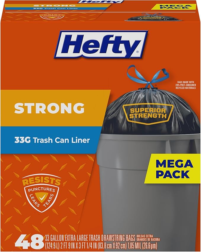 Hefty Strong Extra Large Trash Bags, Black, 33 Gallon, 48 Count
