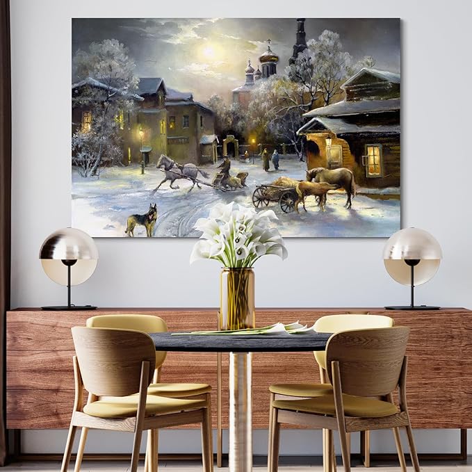 STUDIO HAVEN Thomas Kinkade Canvas Wall Art, Winter Village Moonlit Scene Horse-Drawn Sleigh and Dog Oil Painting Poster Rustic Wall Decor, Framed Prints for Home Decor, 48x32Inch