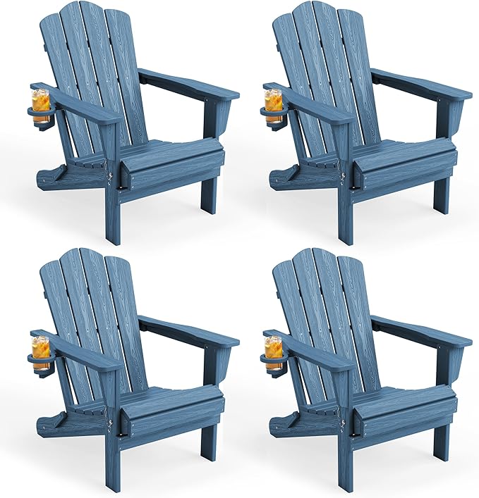 KINGYES Folding Adirondack Chair Set of 4, HDPE All-Weather Patio Chairs with Cup Holder, Wooden Textured Fire Pit Chairs for Poolside, Backyard, Deck, Navy