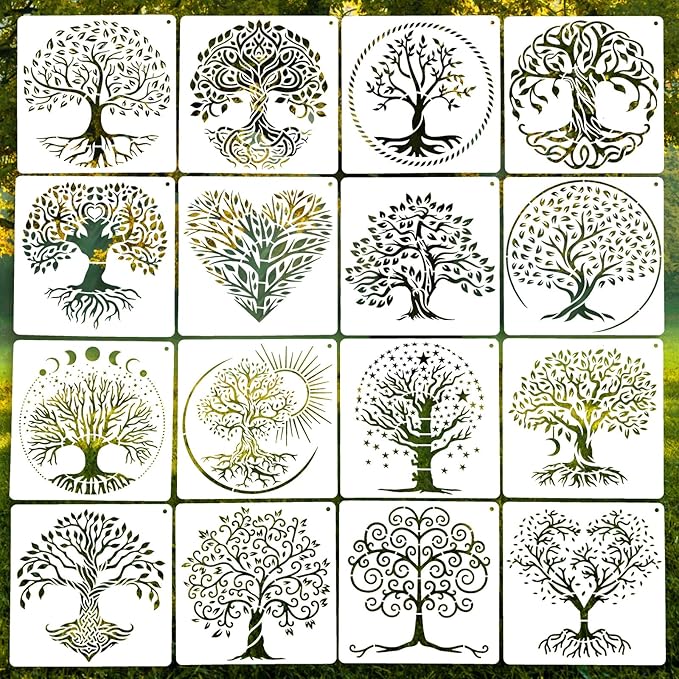 16 PCS Tree Stencils for Painting, Stencils for Crafts Reusable 6 x 6 Inch Tree of Life Templates for Wood Signs Journals Canvas and Spiritual Decor