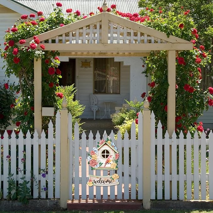 CHDITB Welcome Spring Wooden Sign, Floral Birdcages Wooden Hanging Plaque, Pink Birds Flowers Front Door Hanger, Spring Sign Rose Welcome Wall Art for Farmhouse Outdoor Spring Wall Art Decor