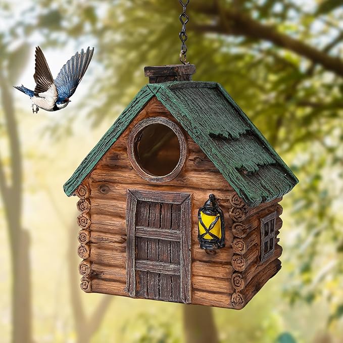 Attivolife Bird Houses for Outside, Wood Bird Nesting Boxes Resin with Hanging Chain, Birdhouses Waterproof Outdoor Decor Bluebird Finches Cardinals for Garden Yard Patio, Birdman Family Friend Gifts