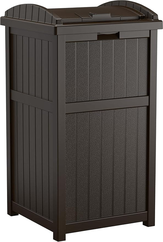 Suncast 33 Gallon Durable Plastic Hideaway Outdoor Garbage Can with Secure Lid and Wicker Design for Home Backyards, Decks, or Patios, Java Brown