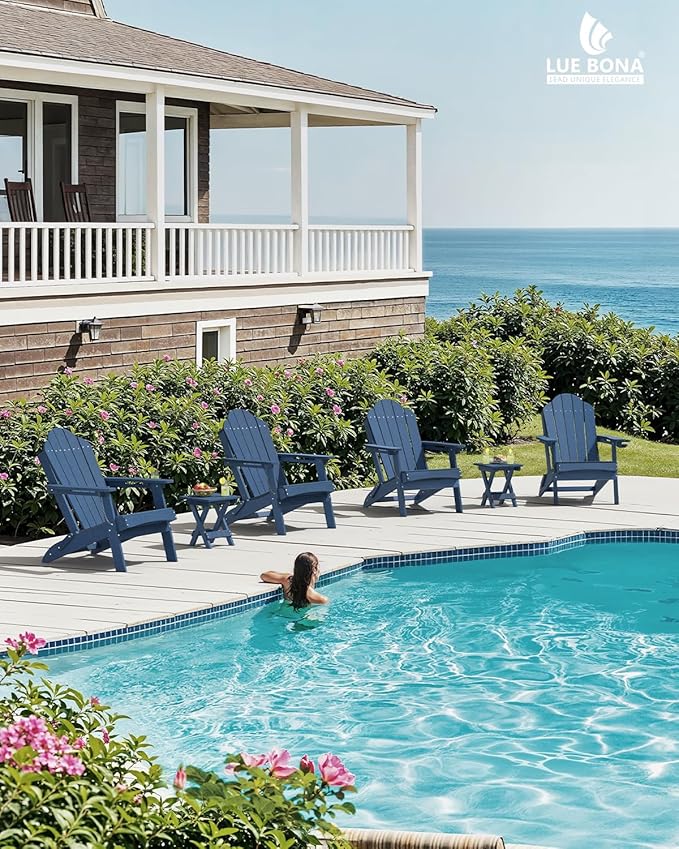 LUE BONA Folding Adirondack Chair, Chairs Set of 6, Cup Holder, Woodgrain, Fire Pit, Patio, Pool, Blue