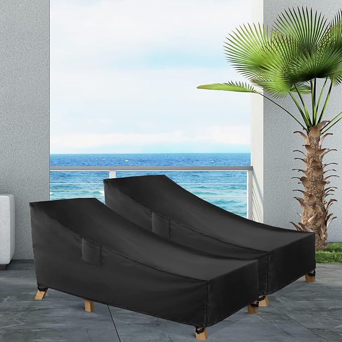 WLEAFJ Patio Chaise Lounge Cover Waterproof, Heavy Duty Outdoor Lounge Chair Covers, Black Durable Patio Furniture Covers, 78L x 34W x 32H inch - 2 Pack