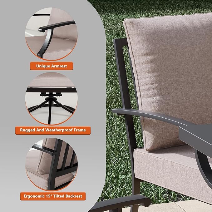 Kullavik 7 PCS Outdoor Dining Table Set for 6,Fence Pattern Back Chairs,Iron Longboard X-Leg Table w/Parasol Hole,Patio Furniture Set for Backyard,Garden,Poolside-Sand