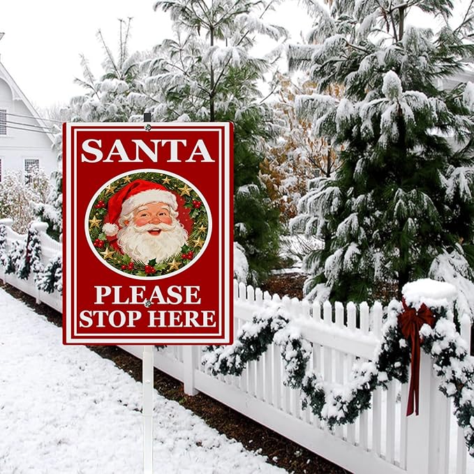 Santa Stop Here Yard Signs With Stake Rustproof Reflective Aluminum Christmas Decoractive Garden Stakes for Lawn Outdoor Decorations 8x12 In