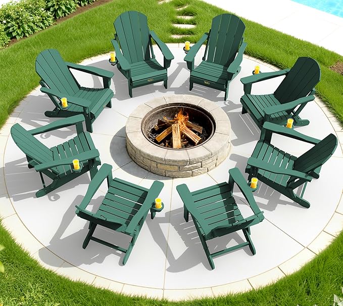 SERWALL Folding Adirondack Chair Painted Adirondack Chair Set of 6 Weather Resistant for Patio Deck Garden, Fire Pit & Lawn Furniture Porch - Green