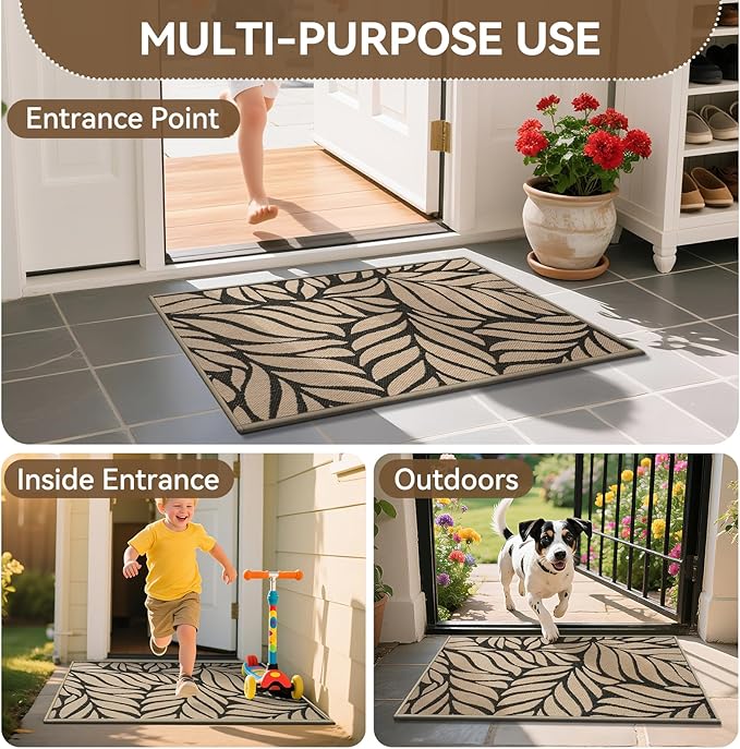 Door Mat Indoor Outside Entrance 17''x30'', Low-Profile Non Slip Outdoor Inside Front Doormat Entryway Mat, Dirt Resistant Absorbent Porch Welcome Entry Mats, Washable Easy Clean, Brown