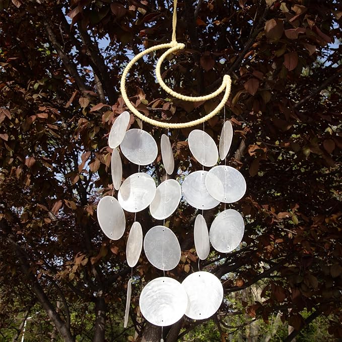 Seashell Wind Chimes for Outside - Handcrafted White Moon Shape Capiz Shells Windchime Bohemian & Coastal Style Decor for Indoor/Outdoors, Garden & Beach Hanging Decor for Wind Chimes Lovers and More