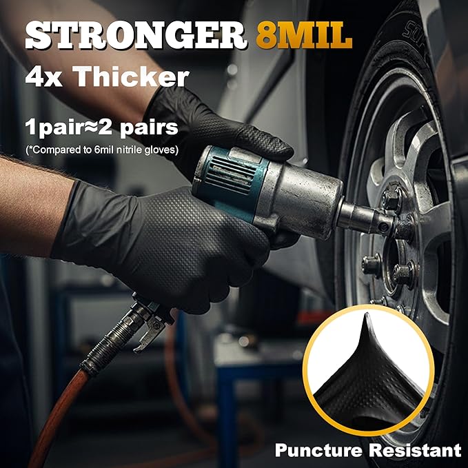 TitanFlex Heavy Duty Black Industrial Nitrile Gloves with Raised Diamond Texture, Latex Free (6mil/8mil)