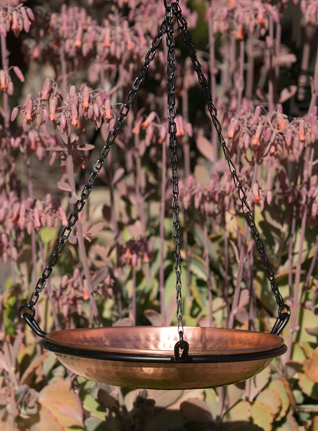 Monarch Abode Hanging Bird Bath & Bird Feeder for Outdoors – Pure Copper Hand Hammered Birds Bath Bowl w/ 17-inch Detachable Iron Chain, Birdfeeder and Birdbath for Outdoors Garden Backyard