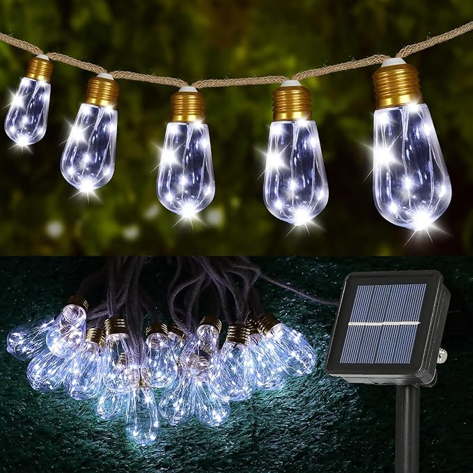 Solar String Lights for Outside, 24FT Vintage Rope Hemp Solar Outdoor String Lights with 20 Shatterproof Bulbs, Solar Powered Waterproof 8 Modes Patio Lights for Garden Fence Balcony Camping - White