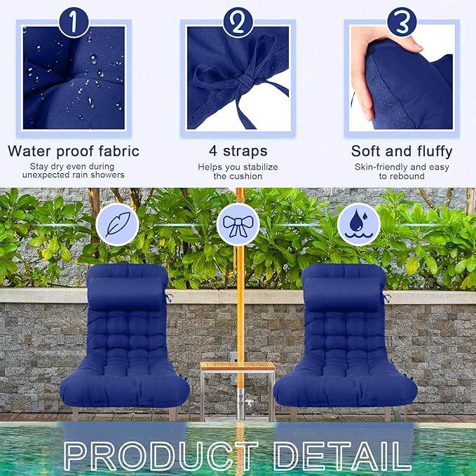 Tudomro 1 Pcs Blue 66'' Outdoor Chaise Lounge Cushion Waterproof Patio Lawn Pool Chaise Lounge Cushion with Headrest Pillow & Ties Weather Fade Resistant Replacement Longue Chair Pad