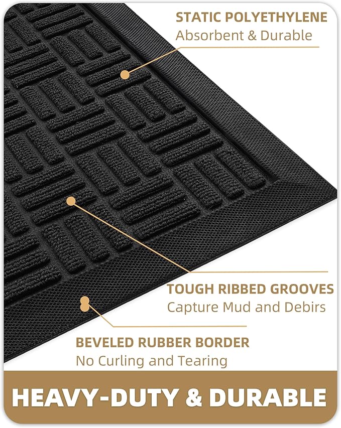 Color&Geometry Large Front Door Mat Outside Entrance, Heavy Duty Non Slip Low Profile Doormat for Entryway, Trap Dirt and Moisture Welcome Mats All-Weather, Easy Clean, Patio, Garage, 28"x60" Black