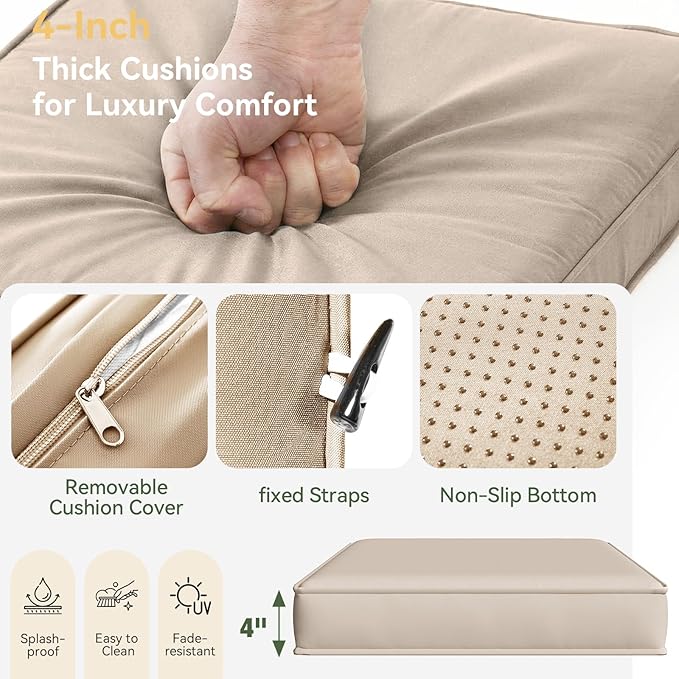 Aoxun Patio Furniture Cushions for Outdoor Furniture Set of 4, Thick Replacement Patio Couch Cushions for Outdoor Furniture, 7-Piece Splashproof Fade Resistant Outdoor Couch Cushions, Beige