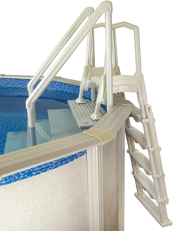 Aqua Select Anti-Slip in-Pool Steps with Outside Flip-Up Ladder | Pearl White w/Cloud Gray Steps | for Above Ground Swimming Pools | Mounts to Decks 48" to 54" H | Safety Stairs Capacity Up to 350 lbs