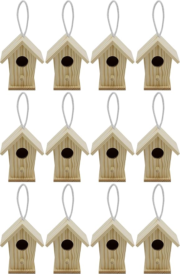Creative Hobbies 12-Pack of Mini Wooden Bird Houses to Paint, with Hanging Cords, Unfinished DIY Design Your Own Great for Crafts, Weddings, Bible Camp and More!