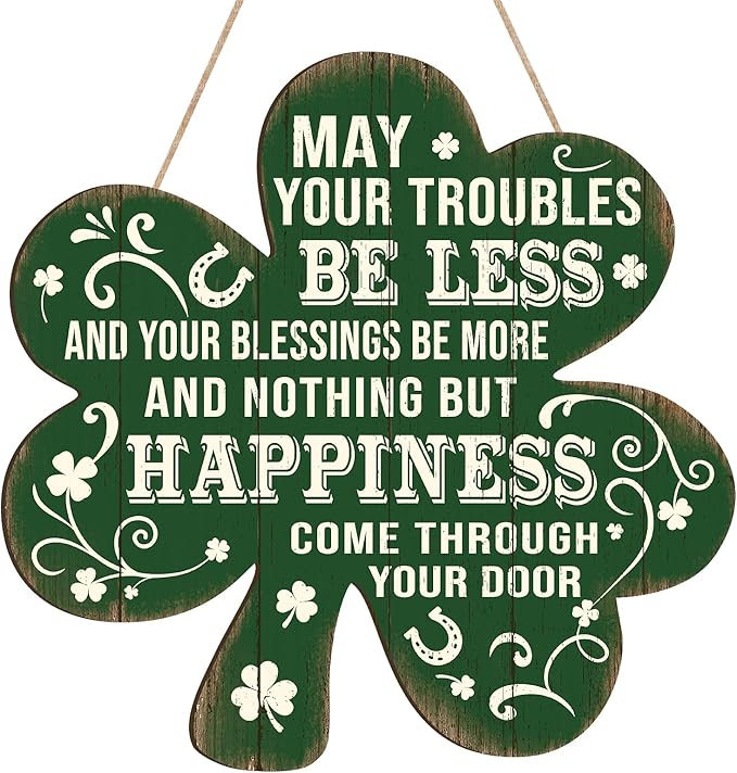 Wooden St Patricks Day Decoration Shamrock Door Wreath for Front Door Sign Wall Signs Shamrock Clover Spring Decoration, Irish Sign Welcome Hanging for Home Decor Party Outdoor Indoor Supply