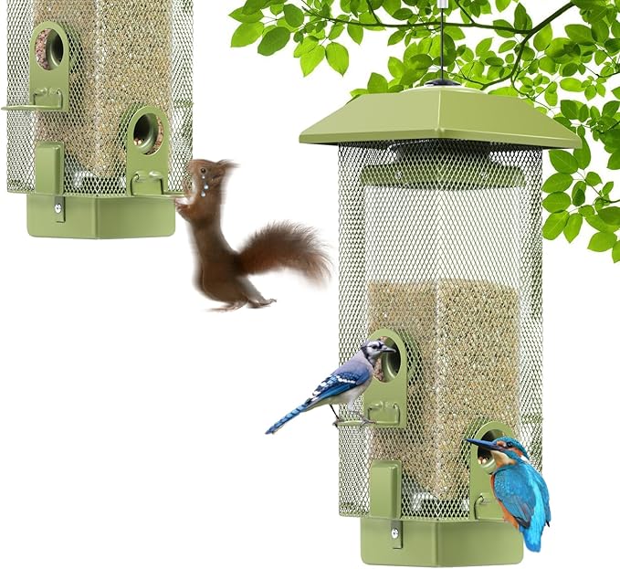 Bird Feeders for Outdoors Squirrel Proof with Weight Activated Perches, Metal Mesh Bird Feeder Hanging Wild Bird Feeder,2.2lbs Seed Capacity for Finch Cardinal Chickadee Sparrow...