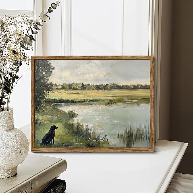 Framed Vintage Hunting Black Dog Wall Art, Rustic Country Nature Landscape Pictures Wall Decor, Farmhouse Animal Paintings Canvas Prints Aesthetic Home Decor for Living Room Bedroom 12x16 inch