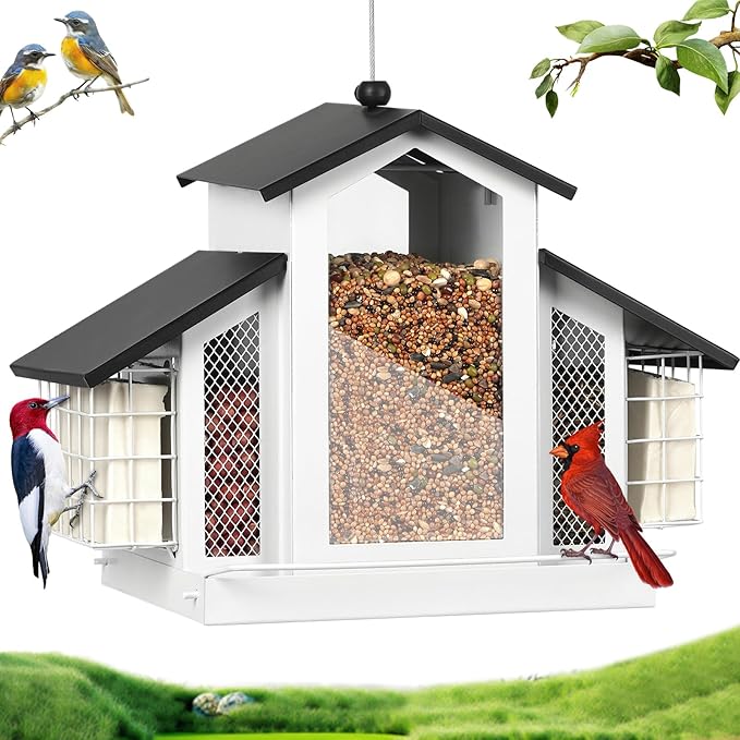 White Metal Bird Feeder Birdhouse, Outdoor Hanging Wild Bird Feeders for Outdoors, Perfect Birdhouses for Outside Bird Lovers