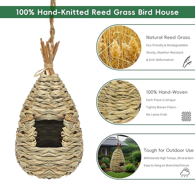 Gute Hummingbird Houses for Outside Hanging, Natural Grass Hanging Bird Hut, Hand Woven Bird Nest, Large Wren Finch Bird House for Garden Window Outdoor Home Decoration, 3 Pack
