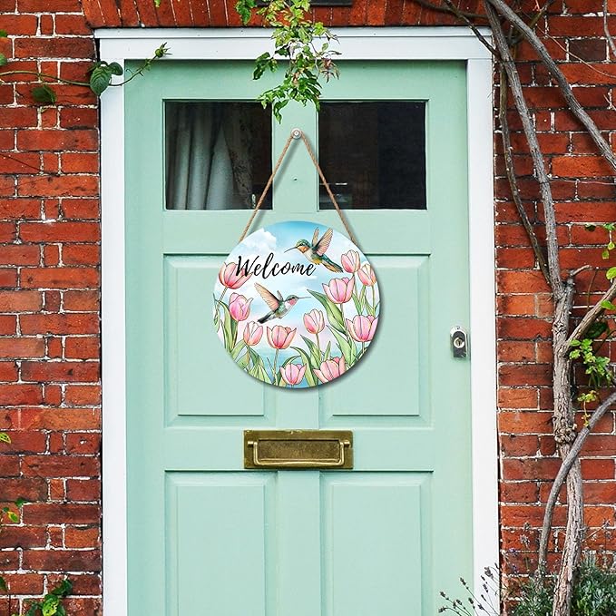 Welcome Spring Summer Pink Tulip Flowers Door Sign For Front Door Decor,Hummingbird Birds Wooden Sign 12"x 12" Round Seasonal Hanging Door Sign Decoration for Rustic Decor