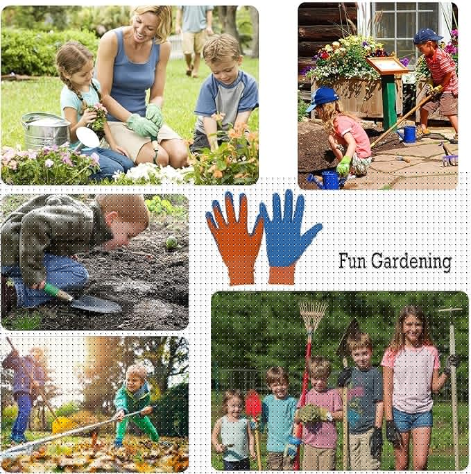 HANDLANDY 3 Pairs Kids Gardening Gloves Latex Free, Nitrile Coated Children Toddler Garden Yard Work Gloves for Little Girls Boys (Size L, Black-Orange)