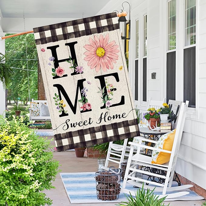 ORTIGIA Spring Summer Daisy House Flag Burlap Double Sided Home Sweet Home Floral Flower Large House Flag Farmhouse Buffalo Plaid Yard Lawn Patio Outdoor Outside 28x40 Inch