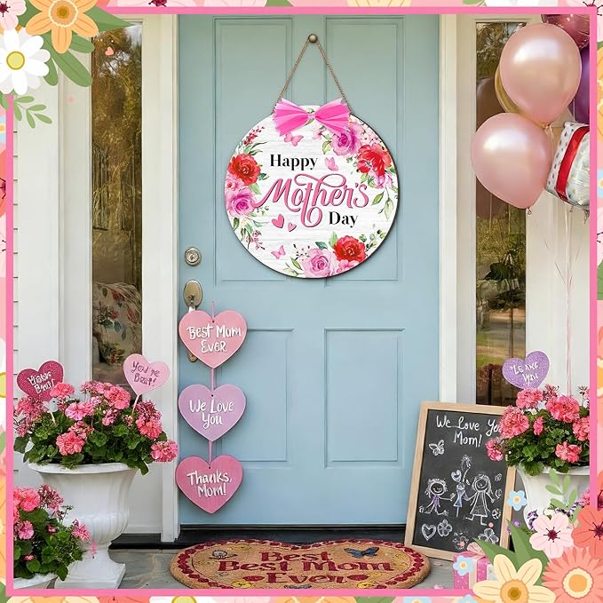 Boao Happy Mother's Day Wooden Door Hanging Sign Pink Welcome Farmhouse Door Decor Vintage Mother's Day Wood Rose Bow Gift Sign Rustic Wall Plaque Ornaments for Window Wall Porch