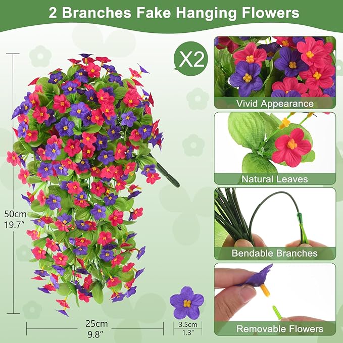 Artificial Fake Hanging Flowers for Outdoors, 2 Pcs Artificial Hanging Plants Outdoors Spring Summer Decor, UV Resistant Faux Violet Silk Flowers for Planters Front Door Yard Garden(Purple Rose Red)