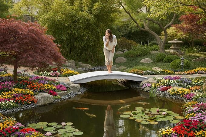6 FT White Amish Made Pinewood Heavy Duty Garden Bridge for Walkway, Backyard Pond & Landscaping, Outdoor Wooden Footbridge for Koi Pond, Japanese Style Decorative Bridge, Made in USA
