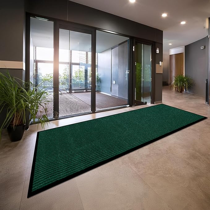 LuxUrux 2x6 ft Heavy-Duty Rubber Door Mat - Stylish, Durable, Waterproof, Low-Profile for High Traffic Areas, Stripped Green