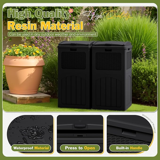 Greesum 33 Gallon Outdoor Trash Can with Lid, Waterproof Resin Garbage Bin for Hideaway, Deck, Patio, 2 Pack, Black