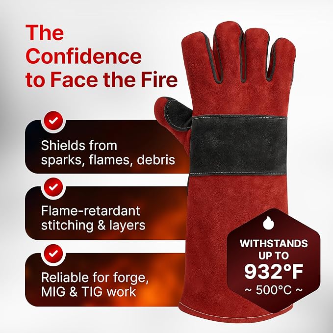 Grill Armor Welding Gloves – 16-Inch EN407 Leather Forge, MIG & Stick Welding Gloves – 932°F Heat & Fire Resistant – Red