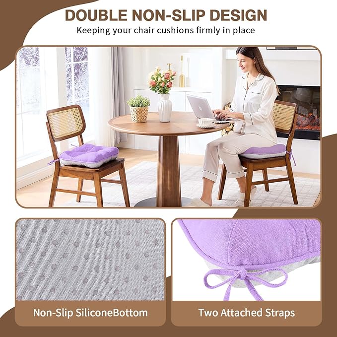 BETU Chair Cushions for Dining Chairs Set of 6,3.5" Thick Kitchen Table Chair Pads with Ties,Non Slip Backing and Covers, Seat Cushion for Dining Room,Bar,Patio Chairs,16"X16"X3.5",Purple