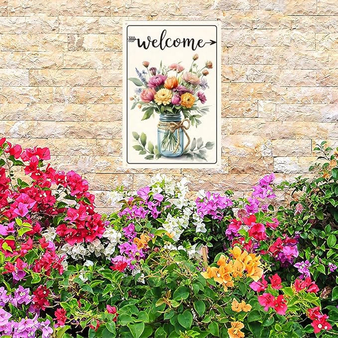 Funnysign Vintage "Welcome" Tin Sign – Rustic Floral Bouquet in Mason Jar – Metal Wall Decor for Home, Porch, Garden – 8x12 Inches (9821)