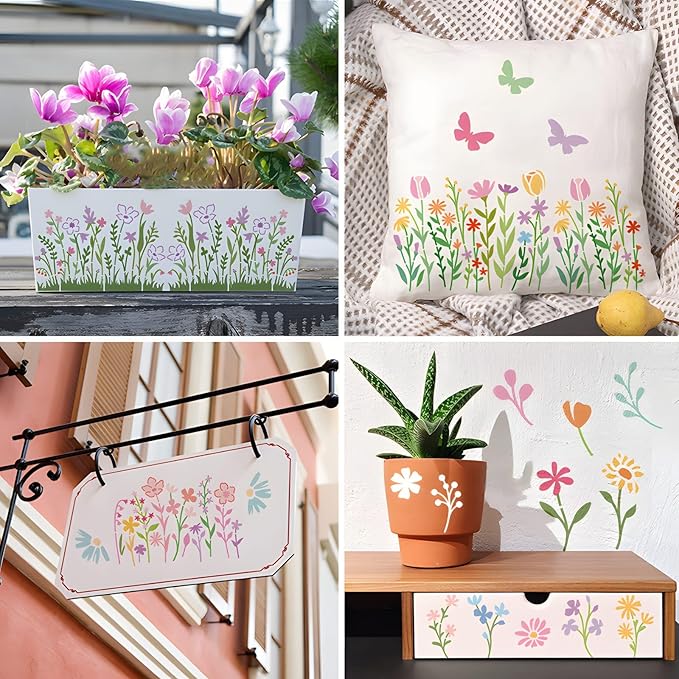 16 Pieces Wildflower Stencils for Painting on Wood, Reusable Flower Paint Templates with Nature Plant Pattern, 4.7 x 5.9 Inch DIY Craft Stencils for Wall Home Decor