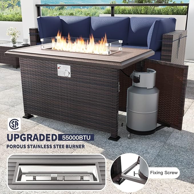 Kullavik 15PCS Outdoor Patio Furniture Set with 43" 55000BTU Gas Propane Fire Pit Table PE Wicker Rattan Sectional Sofa Patio Conversation Sets,Dark Blue