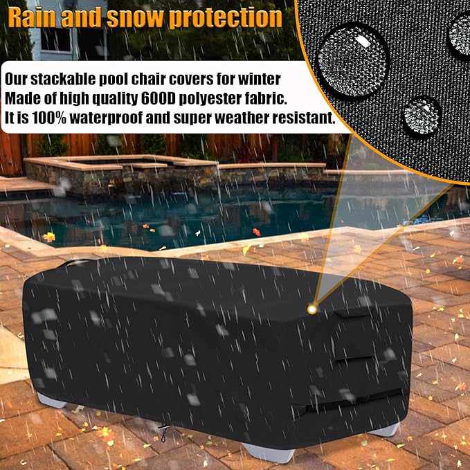 Stackable Chaise Lounge Covers for 2-3 Stackable Patio Lounge Chair, 600D Weather-Resistant Polyester Fabric, Outdoor Furniture Storage Cover for Stackable Lounge Chair - 80"L x 30"W x 20"H, Black