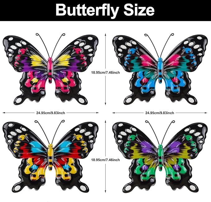 ULENDIS 4 Pack Metal Butterfly Wall Art Outdoor Decor, 9.8in Colorful Fence Wall Art Decor, Wall Sculpture Hanging Decoration for Garden Yard Living Room Bedroom Patio Balcony(D)