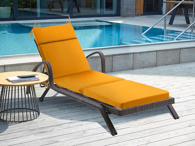 Outdoor Chasie Lounge Tufted Thick Cushion with Ties,Replacement Wicker Chair Cushion for Paito Fruniture,72x21x3inches,All Weather,Mustard Yellow