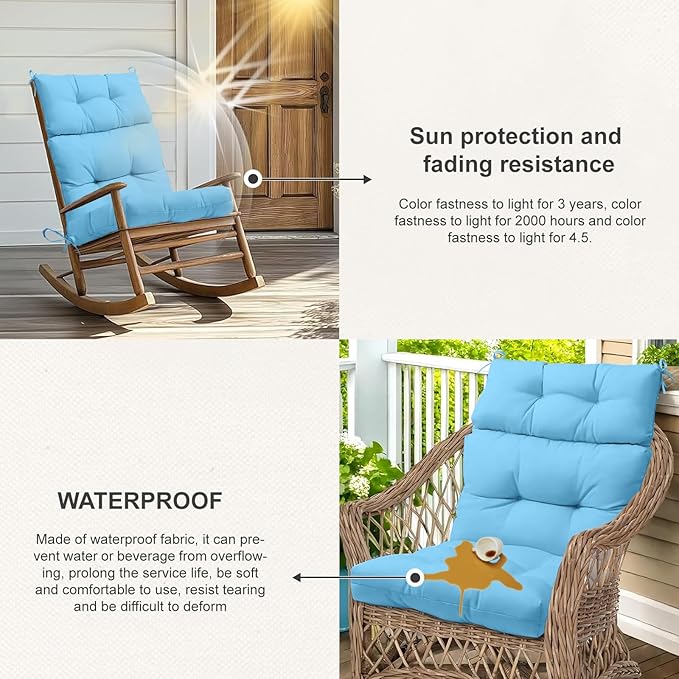 Outdoor High Back Chair Cushions 2-Pack, 44"x22"x 4" Fade-Resistant Waterproof Tufted Pads with Ties for Patio Rocking & Adirondack Chairs (Sky Blue)