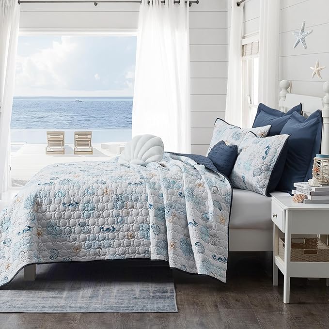 Wonderful Cotton Coastal Quilt Set King Size, Shell Stitched Quilting Reversible Cotton Bedding Cover with 2 Shams, Nautical Beach Lightweight Bedspreads Coverlet Summer Bedding, 106"x94"