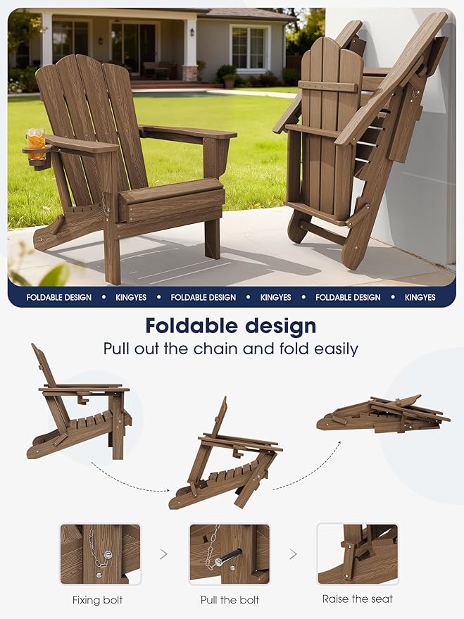 KINGYES Folding Adirondack Chair Set of 6, HDPE All-Weather Patio Chairs with Cup Holder, Wooden Textured Fire Pit Chairs for Poolside, Backyard, Deck, Brown