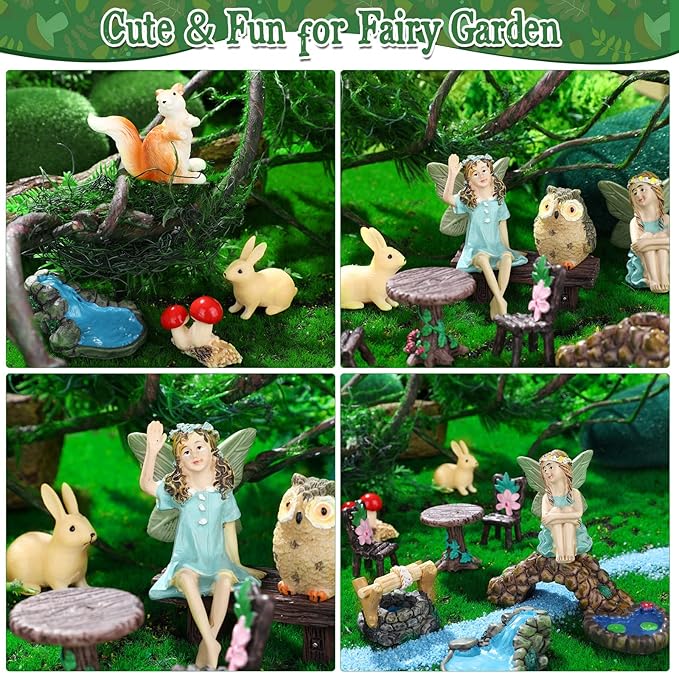 Roowest 19 Pcs Miniatures Garden Fairies Kit Garden Accessories Miniatures Bunny Squirrel Owl Animals Cute Tiny Mushroom Mini Pond Bridge Figurine for DIY Home Micro Landscape Terrarium Ornaments