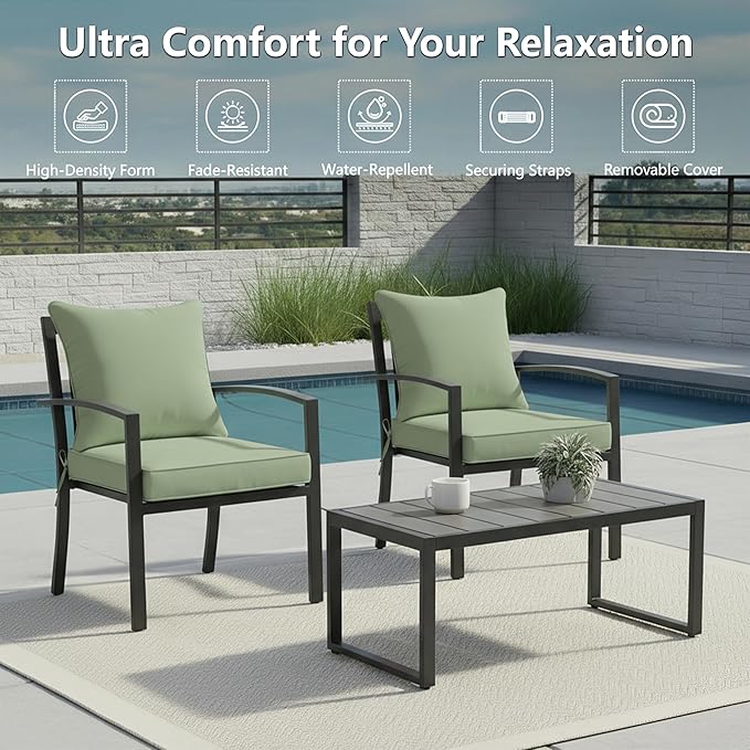 19x19 Inch Patio Chair Cushions Set of 2, Outdoor Furniture Cushions - Removable Cover, Water-Repellent, Fade-Resistant, Non-Slip Bottom & Straps, Replacement for Lawn, Porch & Deck Chair - Sage Green