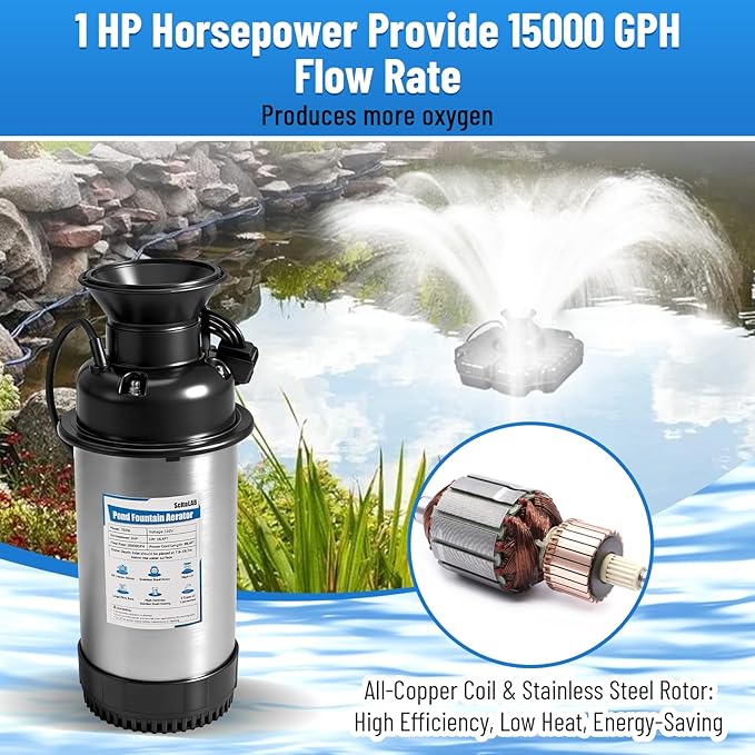 Pond Fountain Aerator, 1HP 15000 GPH Stainless Steel Floating Fountain with Timer, 100 FT Power Cord, 110V 750W, for Outdoor Backyard Water Garden