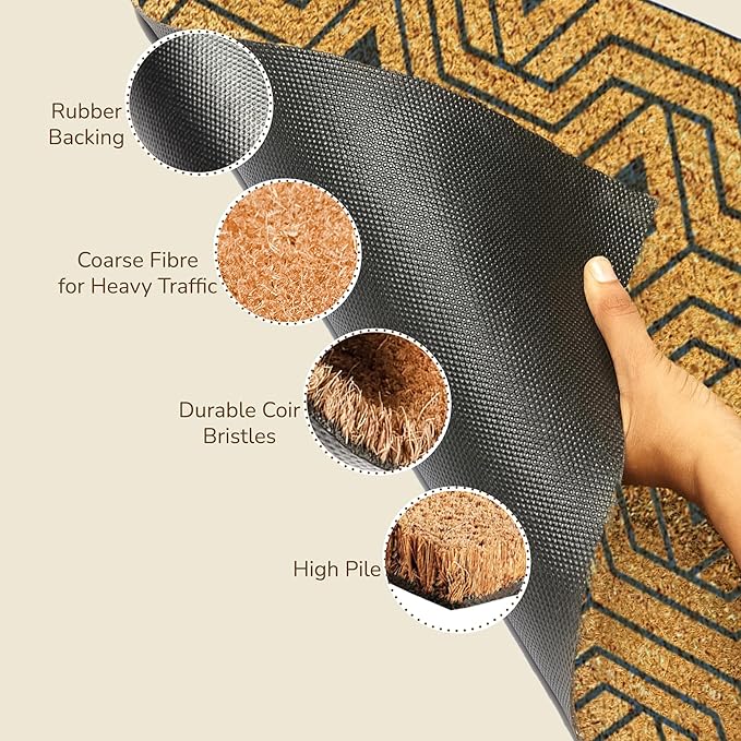 Welcome Doormats, Natural Coco Coir Mats with Non-Slip PVC Backing, Indoor Outdoor Mats for Home & Office, Floor Rugs for Door Decor with Geometric Hexagon Pattern, Orion Blue, 30"x17"
